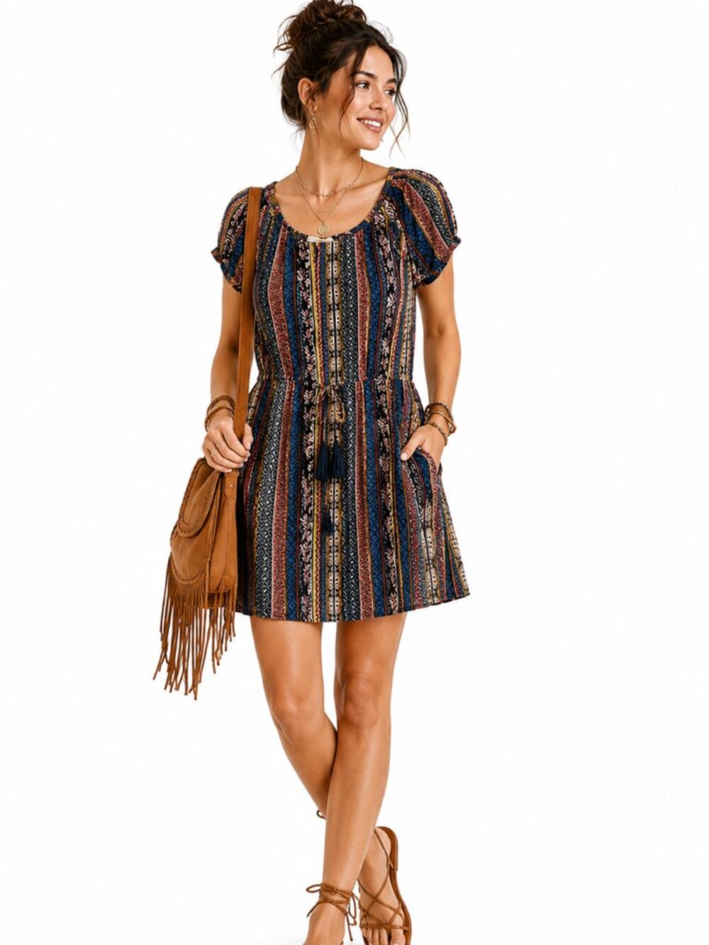 RD Style Boho Print Dress Size Large Rayon Lined Tassel Tie Pockets Festival